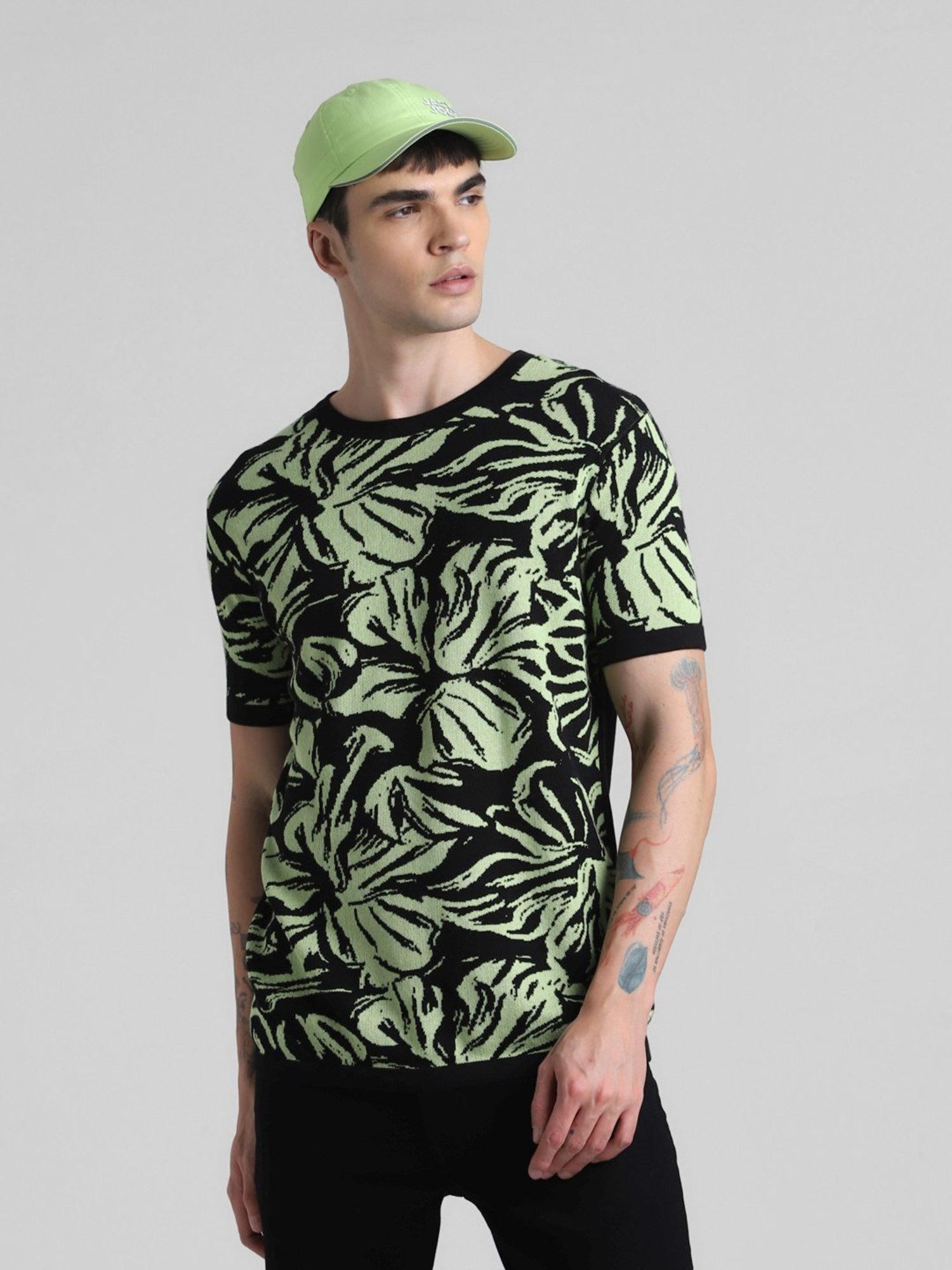 Jack & Jones Jet Black Cotton Slim Fit Self Pattern Sweater