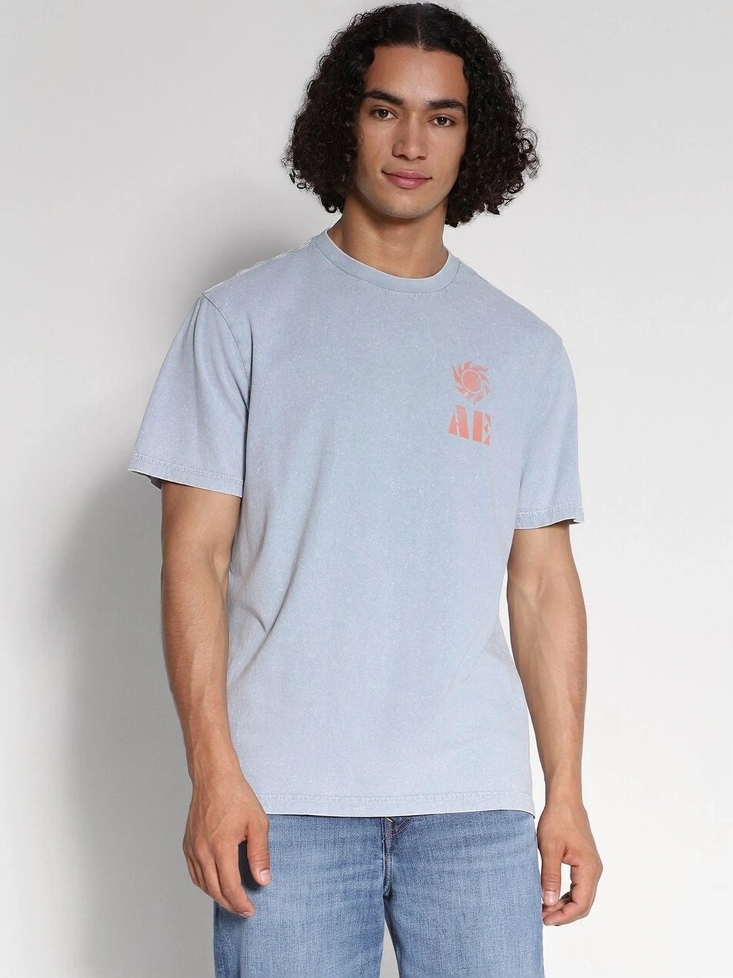 American Eagle Blue Cotton Regular Fit Printed T-Shirt