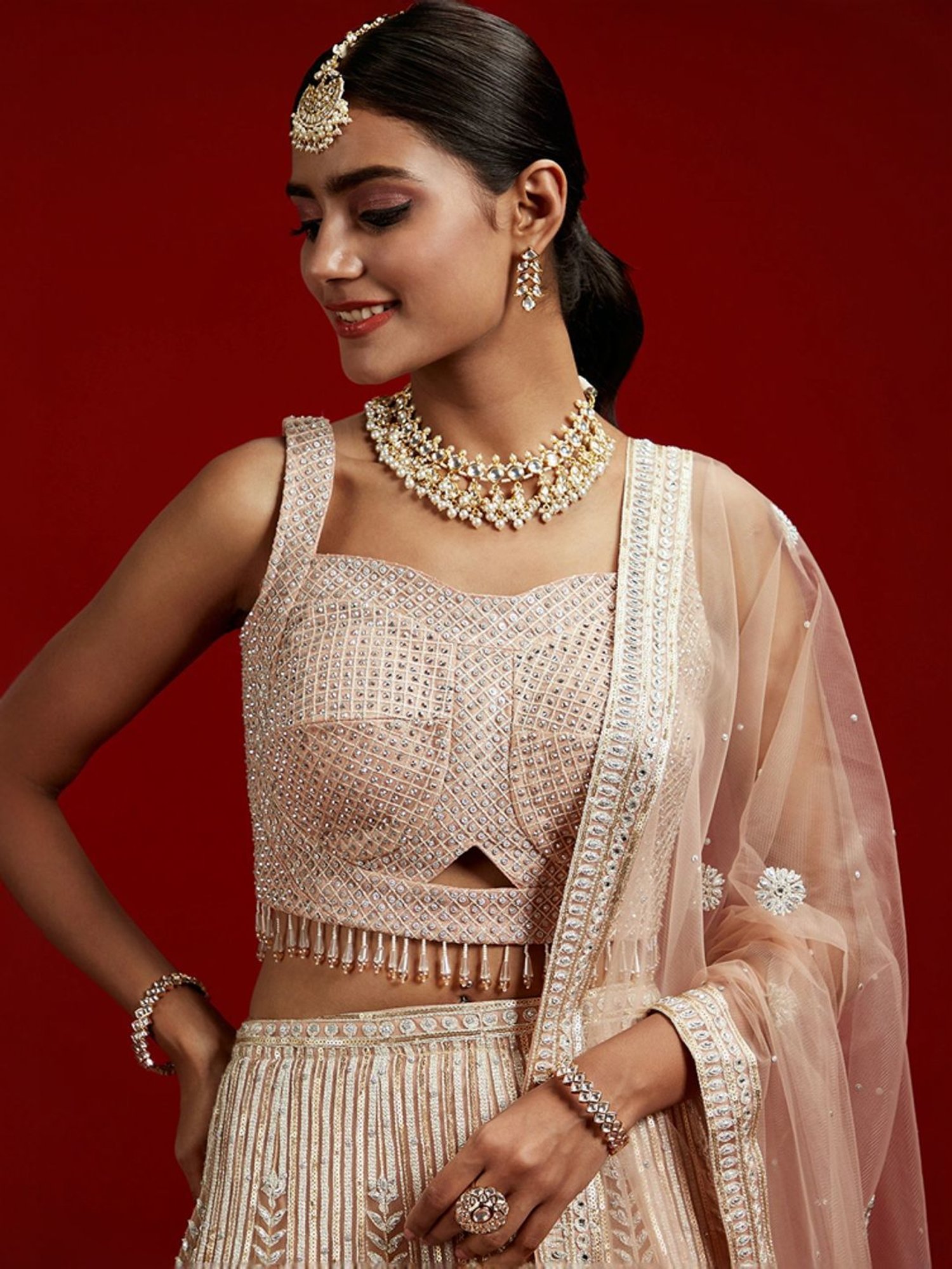 Libas Art Peach Embellished Lehenga Choli Set With Dupatta