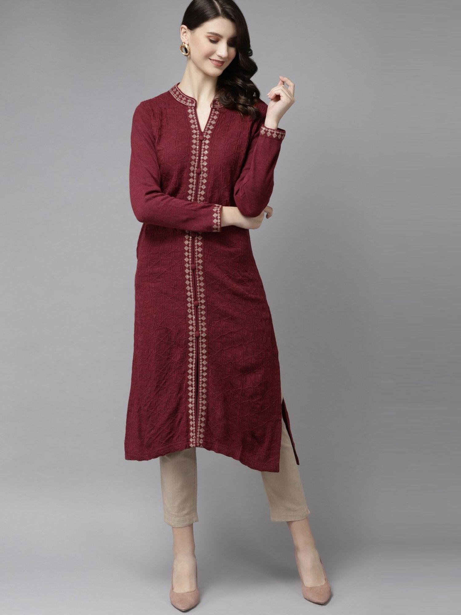 Cayman Maroon Wool Woven Pattern Straight Kurta