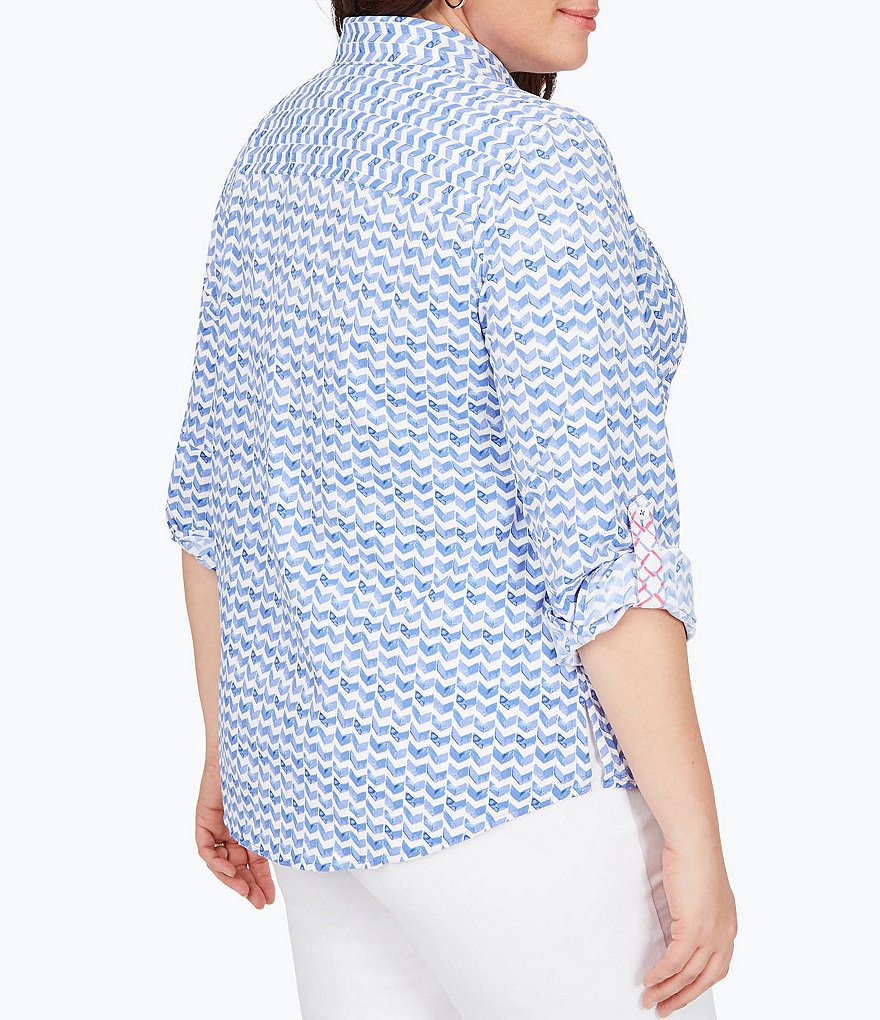 Foxcroft Plus Size Zoey Chic Chevron Print Point Collar Neck Button Front Long Sleeve Shirt