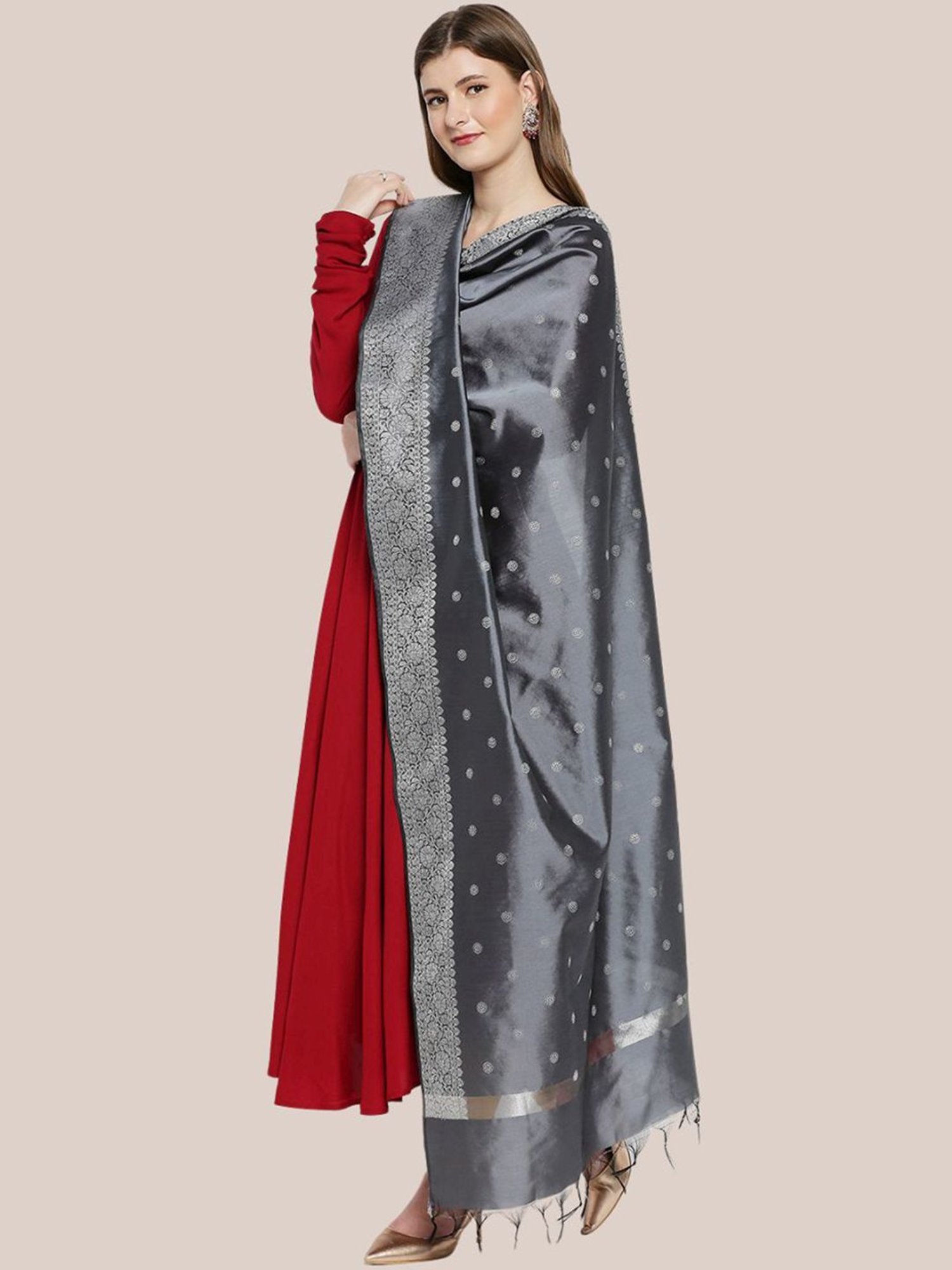 Dupatta Bazaar Grey Woven Pattern Dupatta