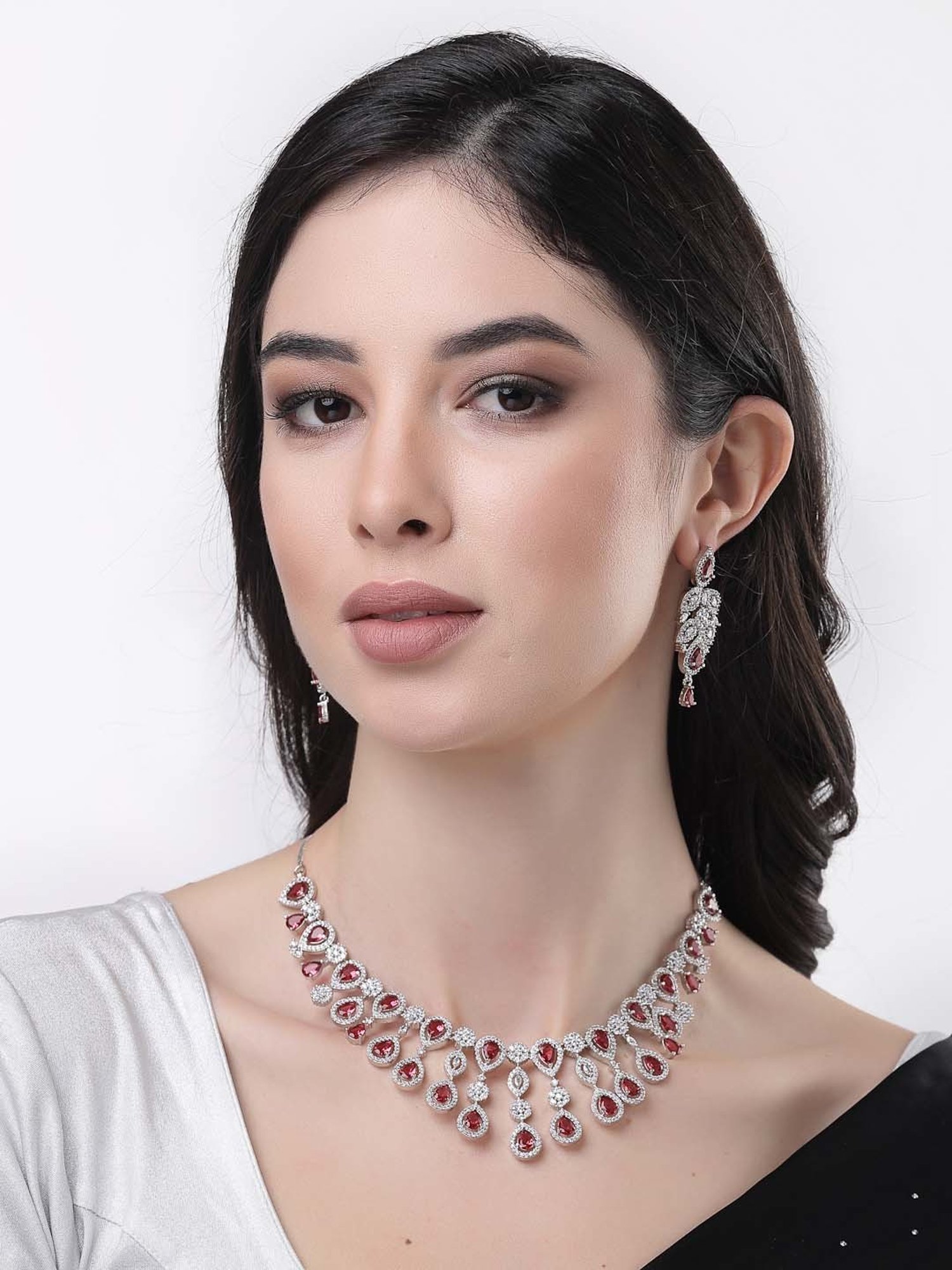 NVR Silver Plated Maroon CZ Stone Handcrafted Jewellery Set For Women