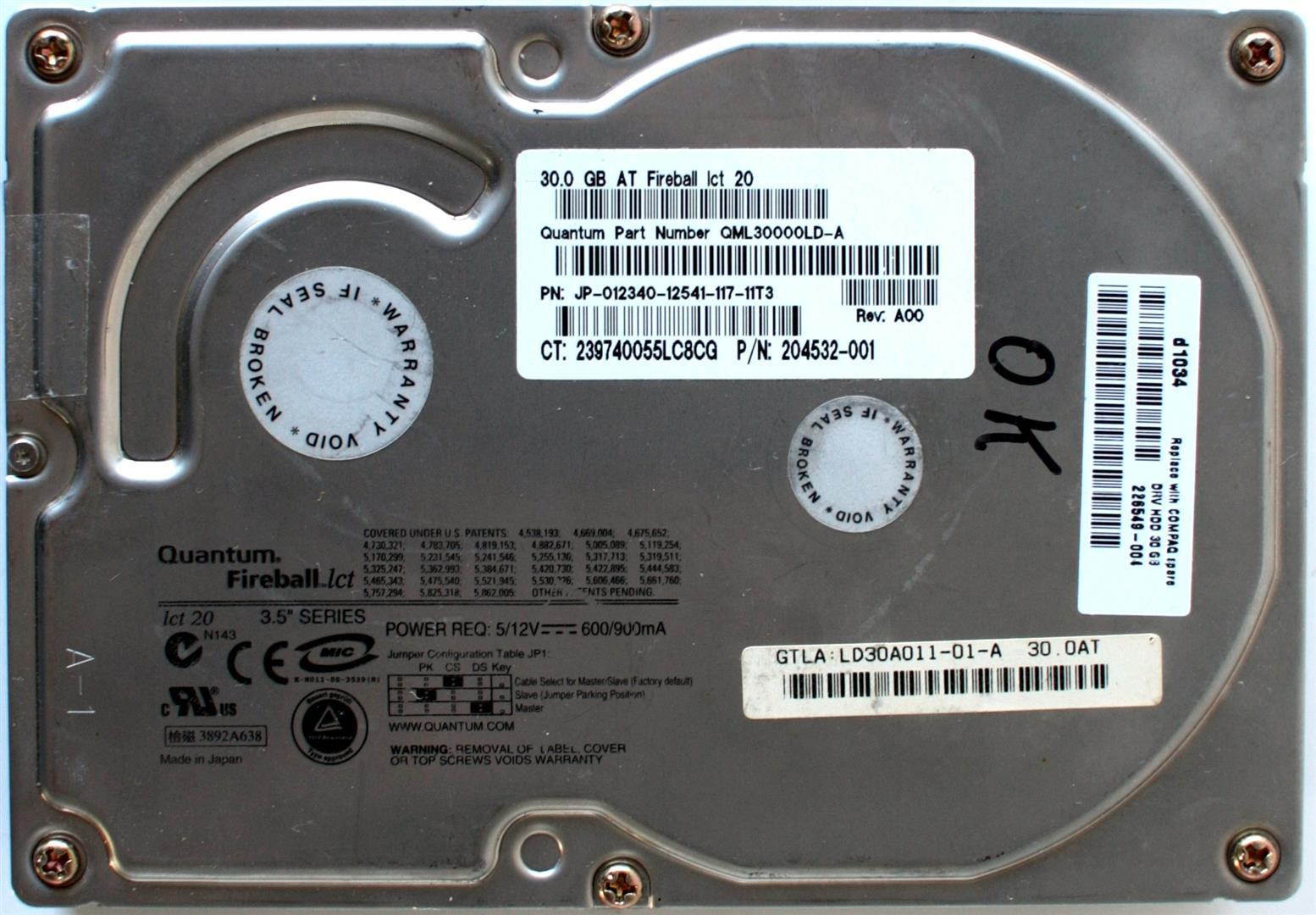 30GB AT FIREBALL LCT 20, JP-012340, 204532-001, LD30A011-01-A, 226549-004, PGZXX