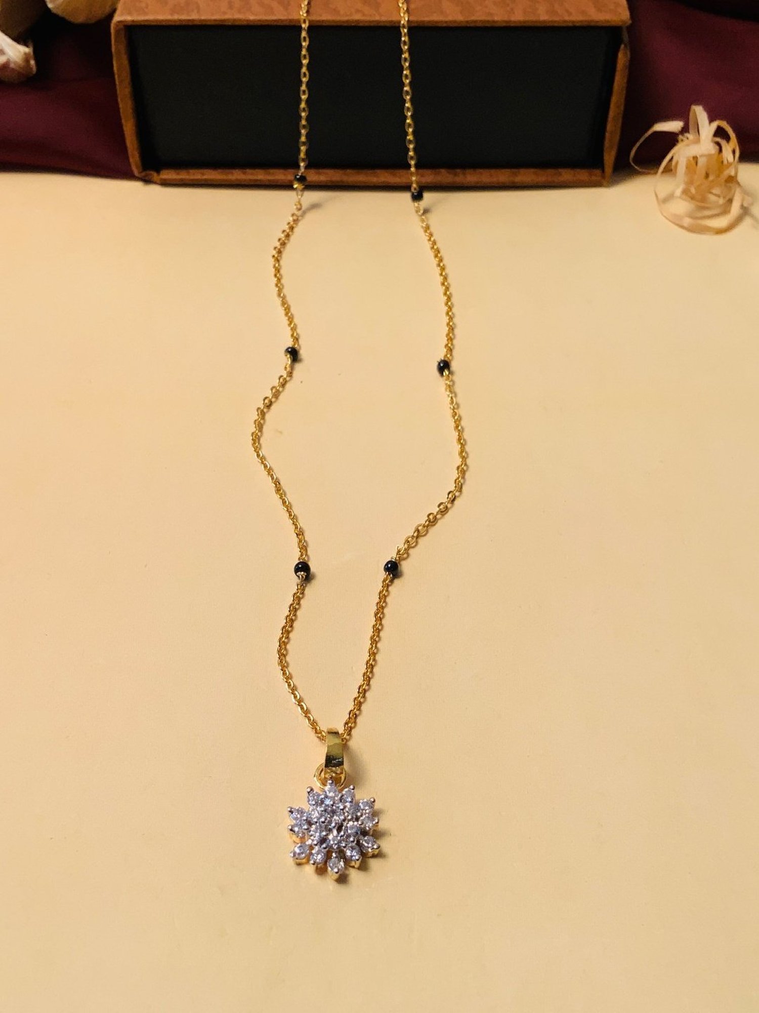 Abdesigns Gold-Plated American Diamond & Black Beaded Mangalsutra