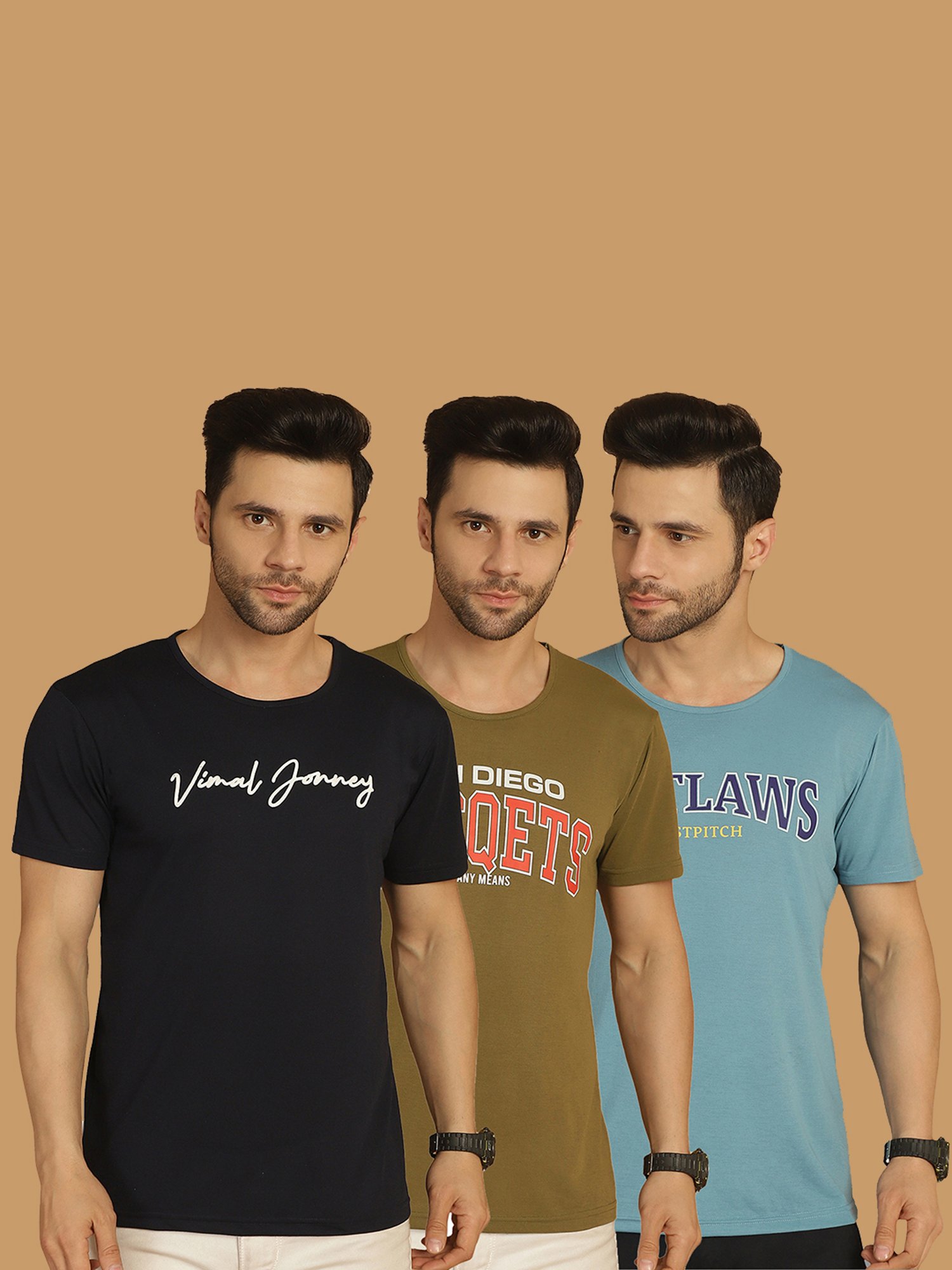Vimal Jonney Multicolor Regular Fit Printed Crew T-Shirt - Pack of 3
