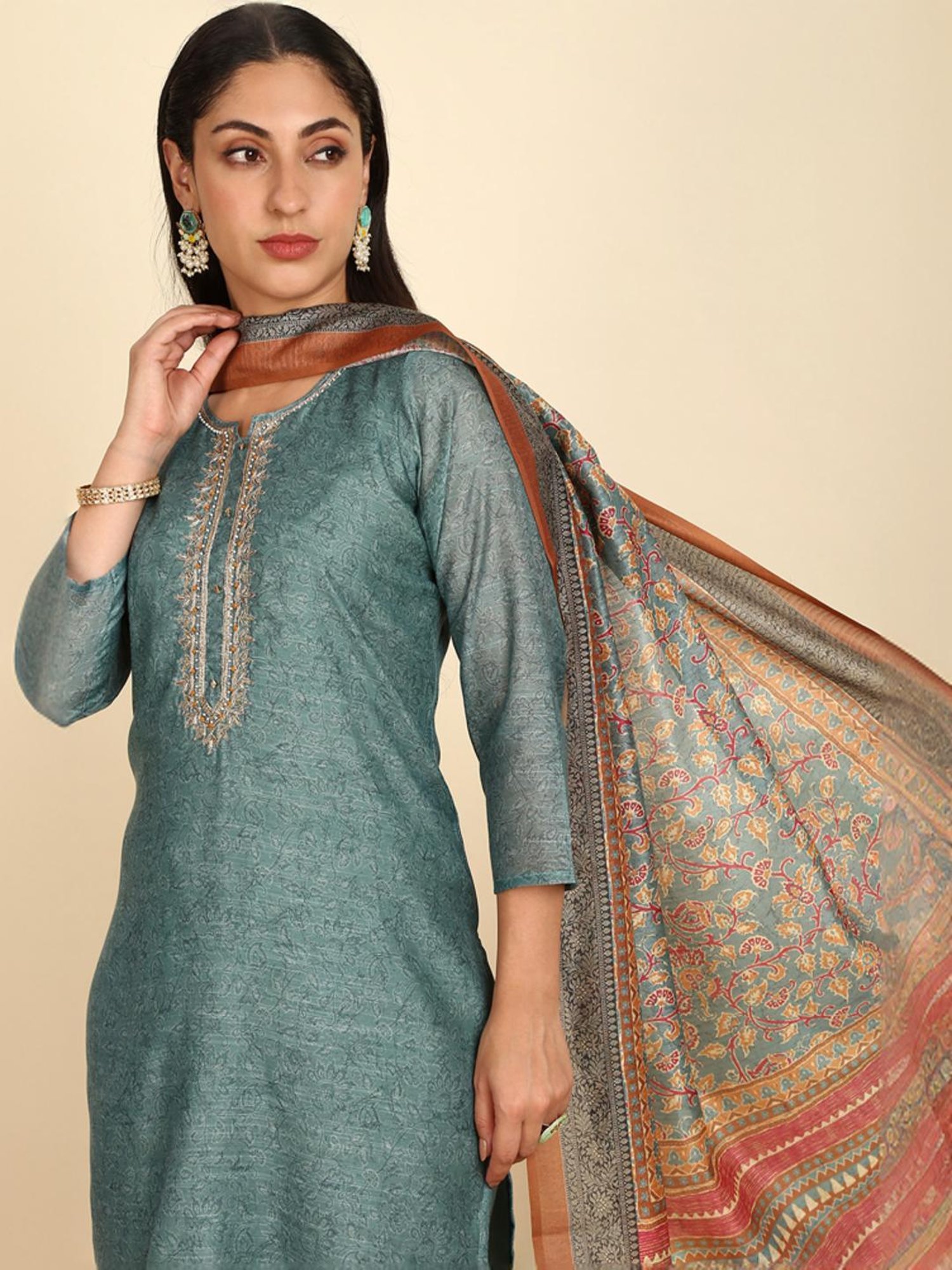 Soch Womens Turquoise Blue Floral Print Chanderi Unstitch Dress Material With Cutdana