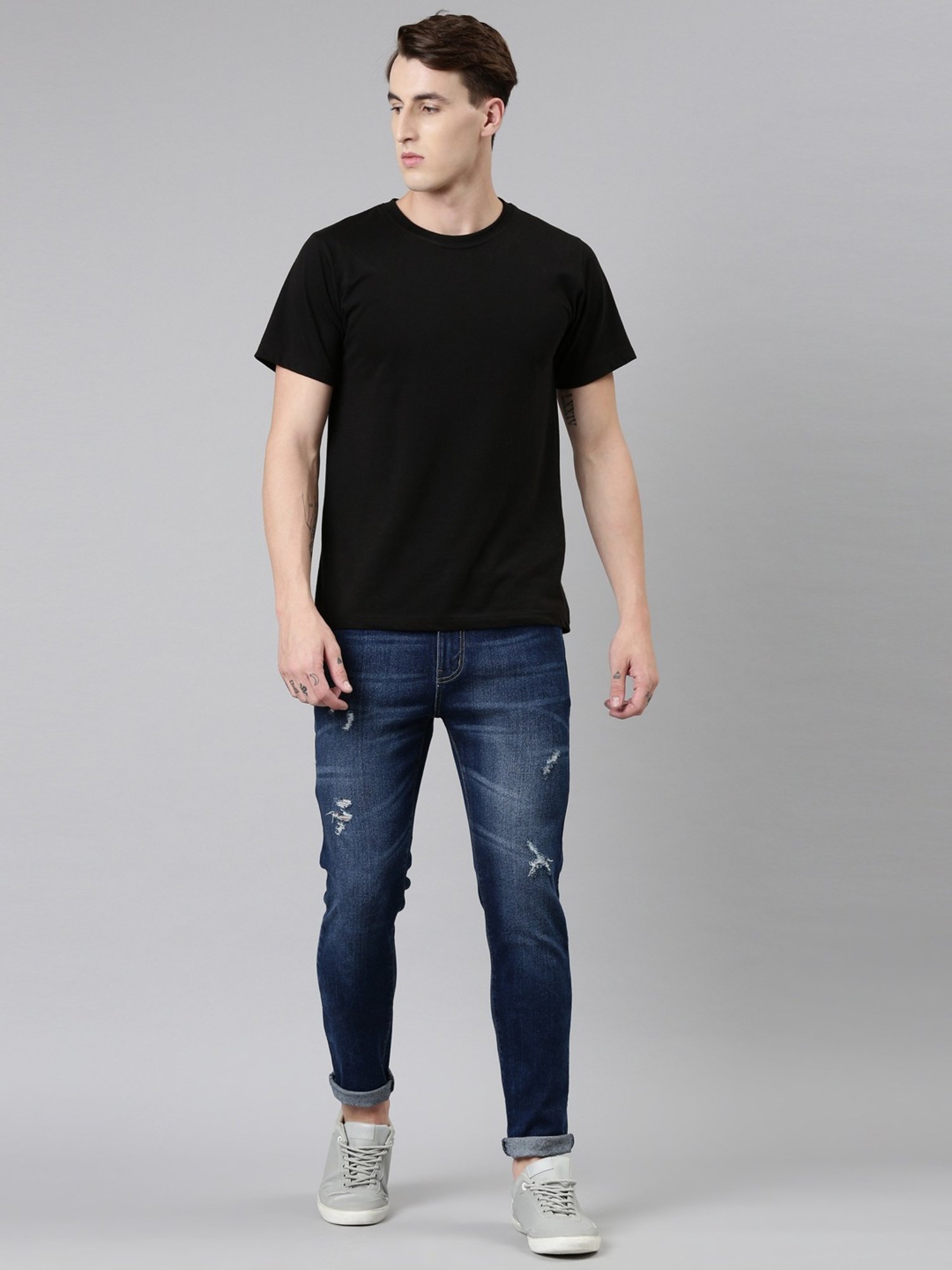 CINOCCI Blue Cotton Slim Fit Distressed Jeans