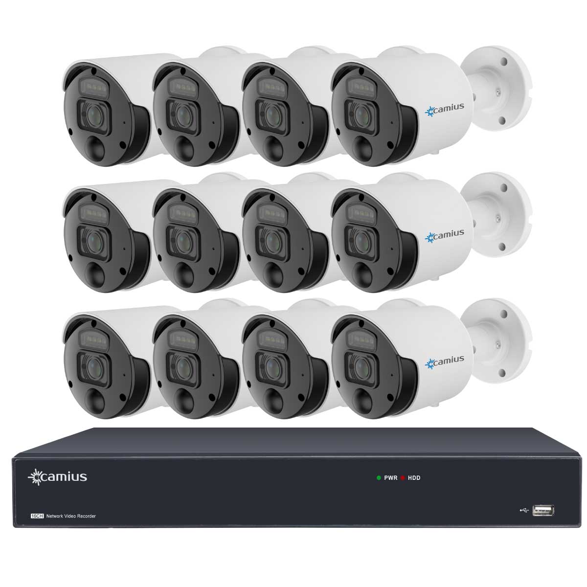 Camius 4K 16 Channel NVR, 12 Camera 8MP PoE Spotlight  Security System with built-in mic, 105 degrees view, PIR, Motion, Sound Detection, Alerts, 2SATA, eSATA, 100ft night vision 16PN12S8R (0 HDD)