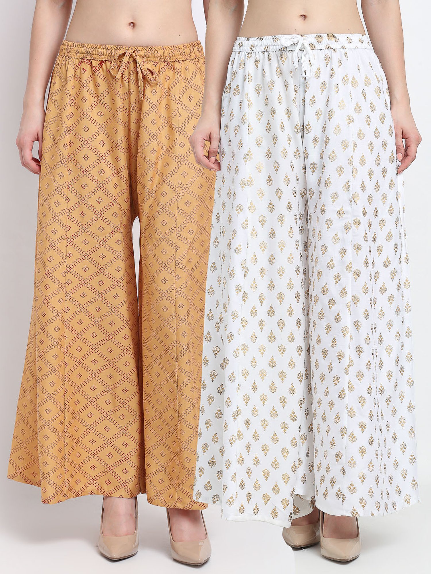 Gracit Beige & White Printed Palazzos - Pack Of 2