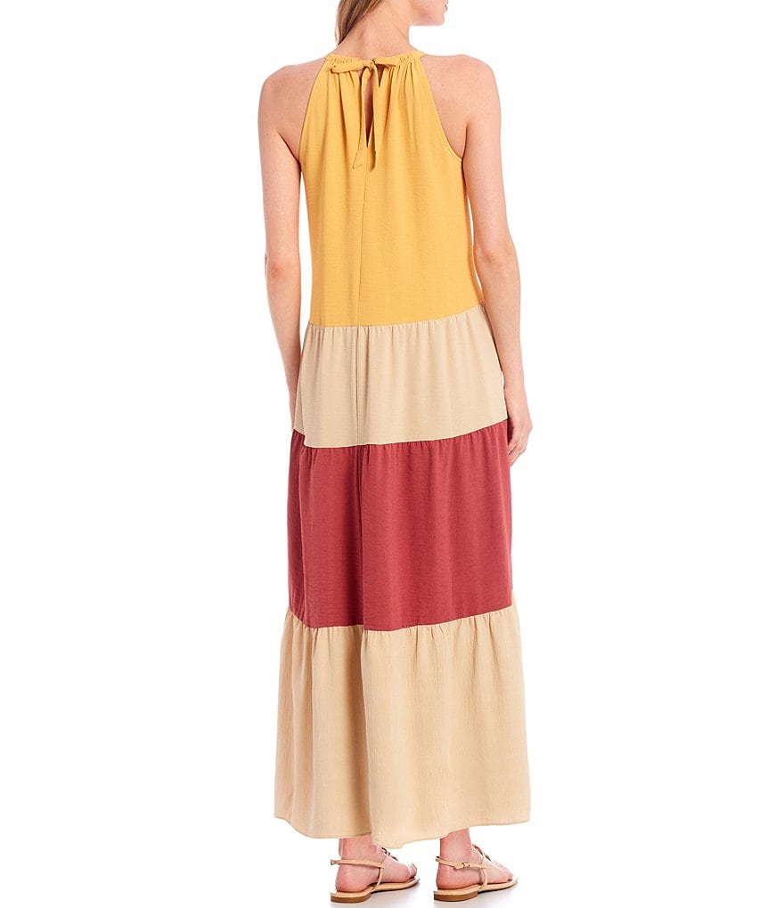 Maggy London Petite Colorblock Halter Neck Tier Maxi Dress