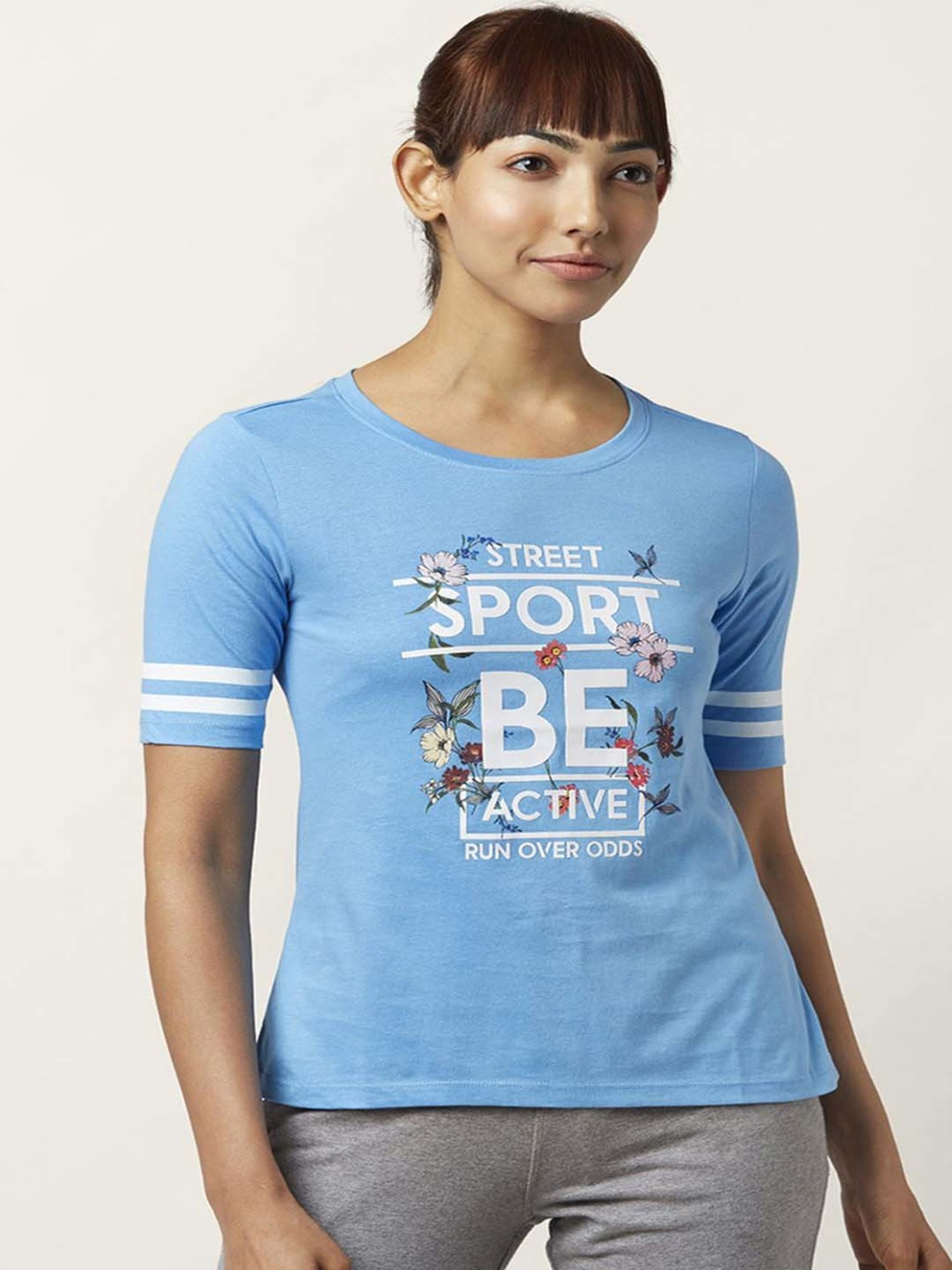 Ajile by Pantaloons Blue Cotton Graphic Print Sports T-Shirt