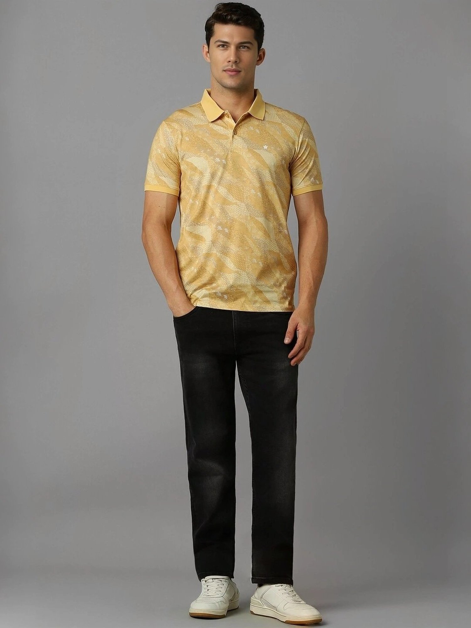 Louis Philippe Yellow Cotton Regular Fit Printed Polo T-Shirt