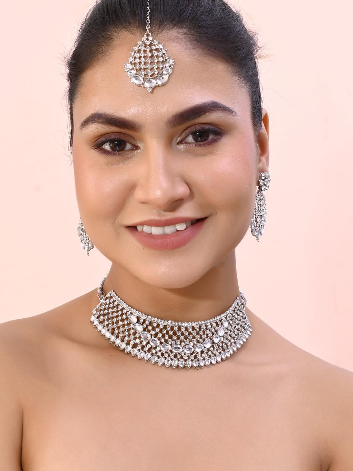 VOJ Silver Plated Cz-Stone Studded Choker Set with Mangtikka for Women