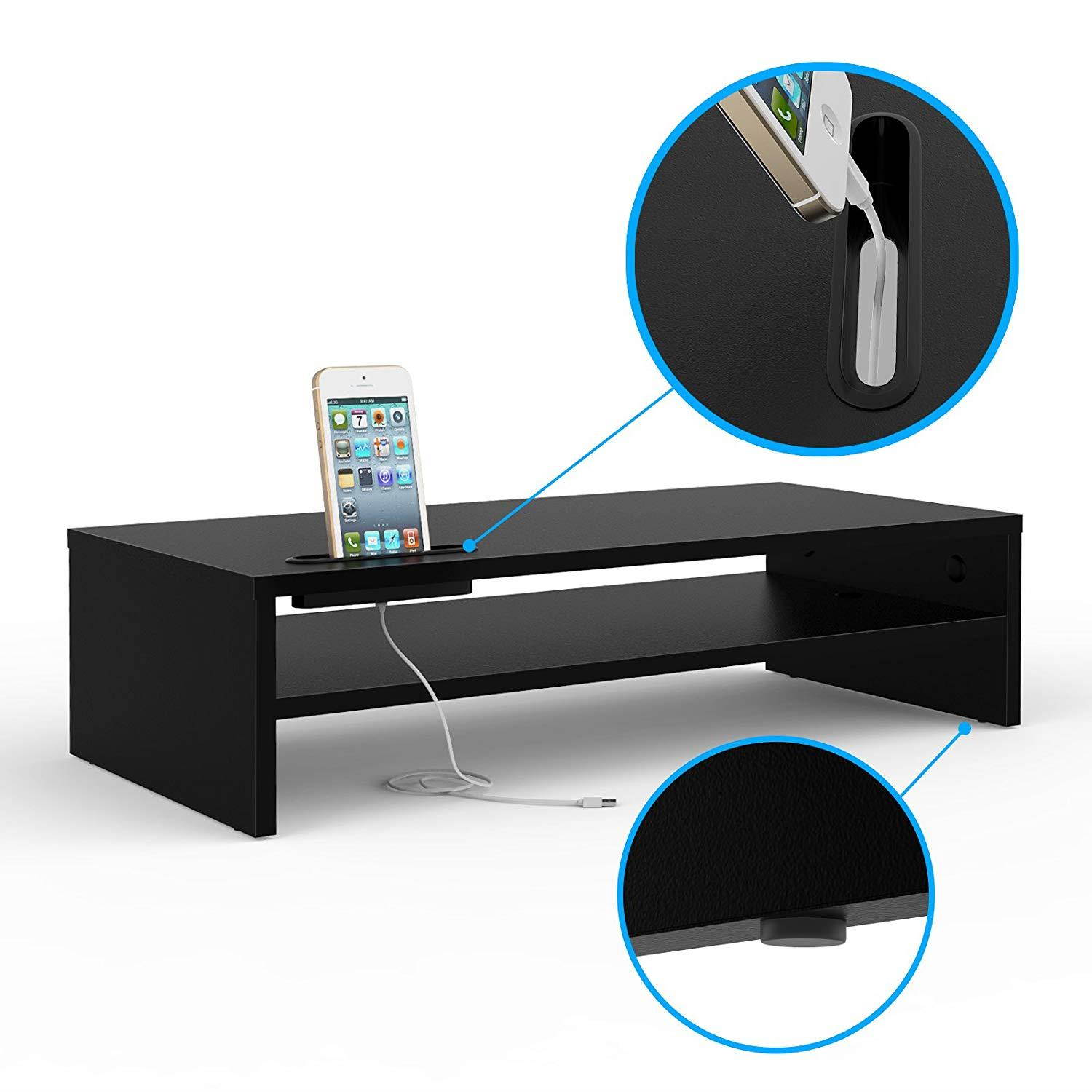 1homefurnit Wood Monitor Stand Riser Desk Storage Organizer, Speaker TV Laptop Printer Stand with Cellphone Holder and Cable Management, 21.3 inch 2 Tiers Shelves Black