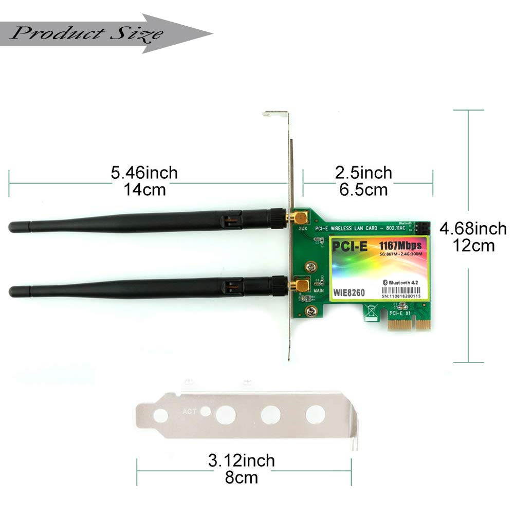 AC1200 PCIe WiFi Card Adapter, 1200Mbps Dual band Wireless Network Card, Bluetooth 4.2, IEEE 802.11ac,Low Profile, Long Range, 2.4G/5G Dual Band Wireless PCI Express Adapter, 2 x 6dBi Antenna