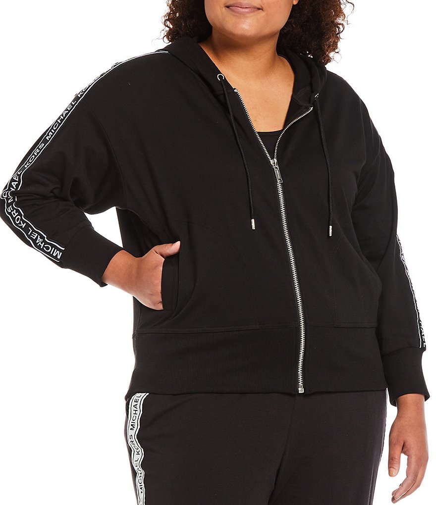 MICHAEL Michael Kors Plus Size Long Sleeve Logo Tape Zip Up Cotton Blend Terry Hoodie