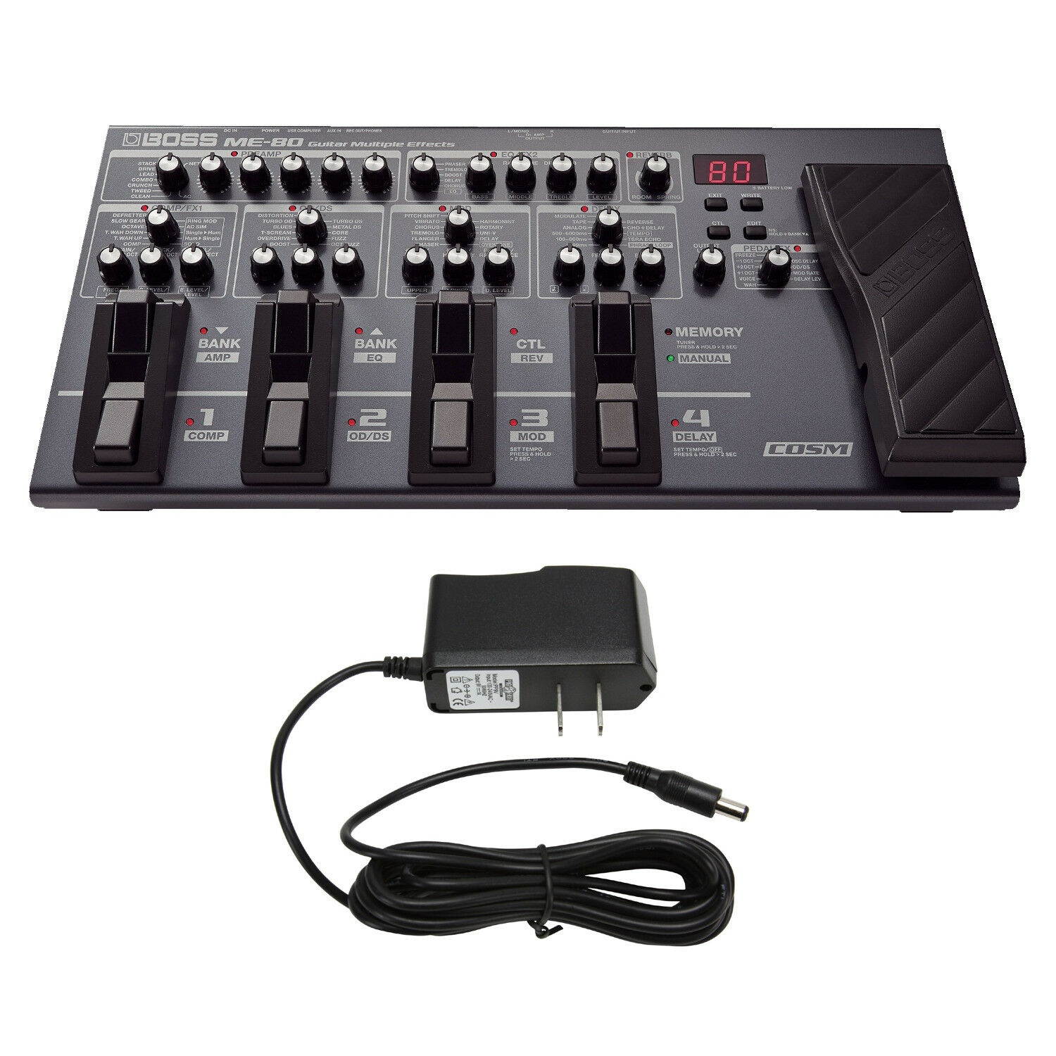 Boss ME-80 Guitar Multiple Effects & Pig Power 9V DC 1000ma Power Supply