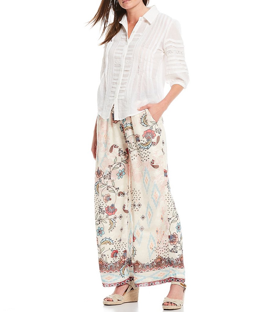 Reba 3/4 Puff Sleeve Button Front Spread Collar Lace Inset Cotton Shirt