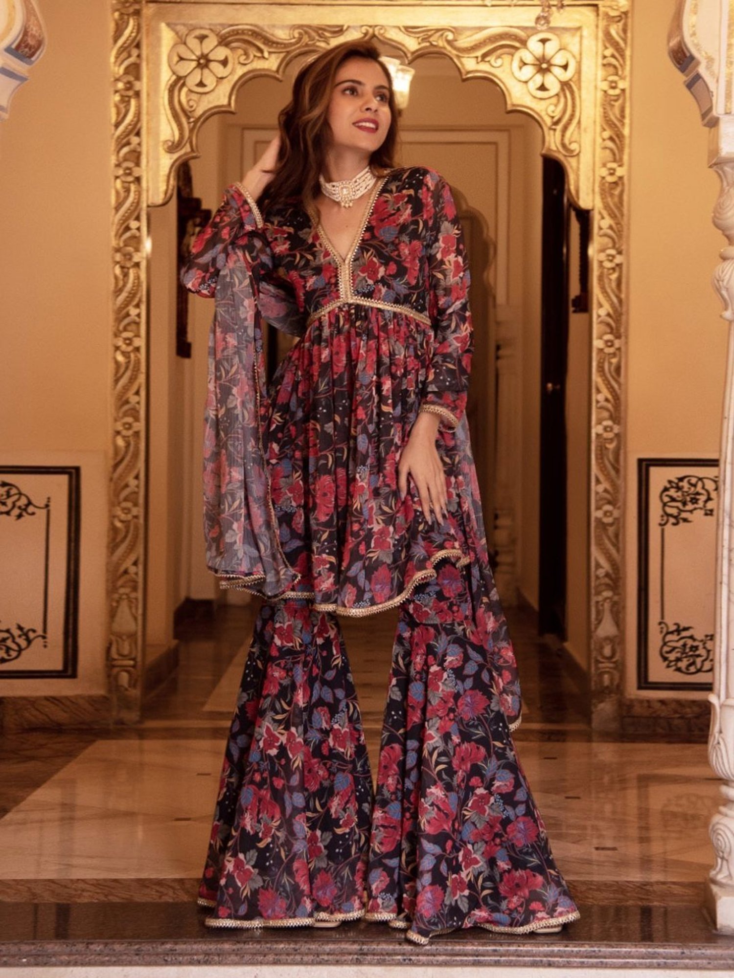 Calmna Black Beauty Chiffon Kurta Sharara Set