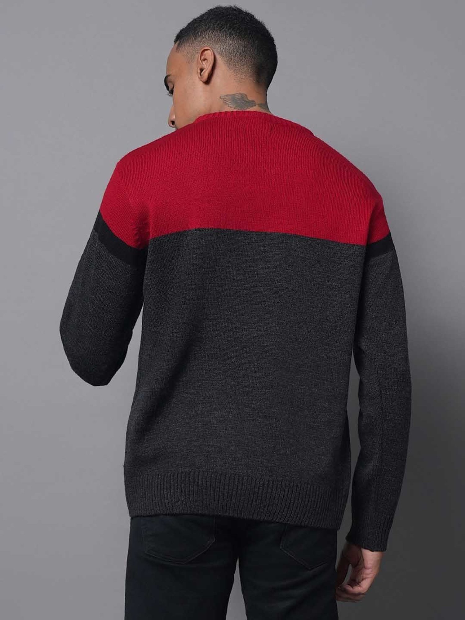 High Star Dark Grey & Red Regular Fit Sweater