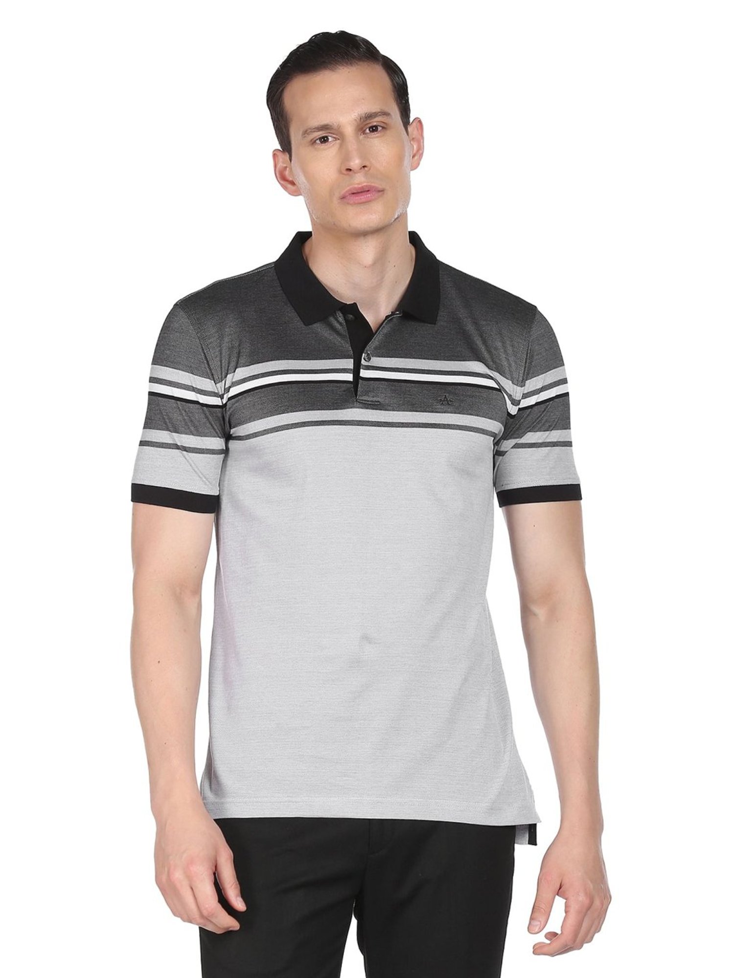 Arrow Grey Cotton Regular Fit Striped Polo T-Shirt