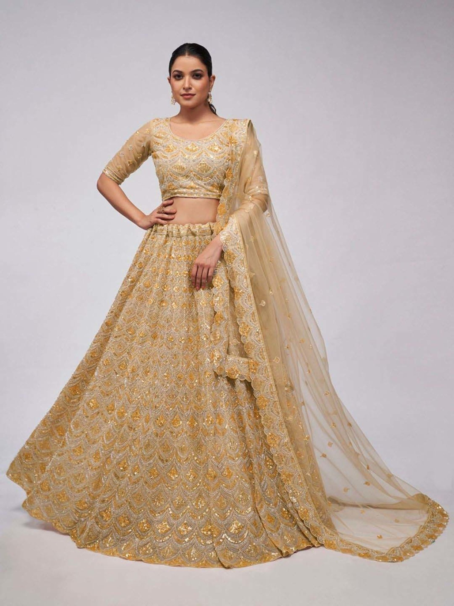 Odette Beige Embroidered Semi-Stitched Lehenga Choli Set with Dupatta