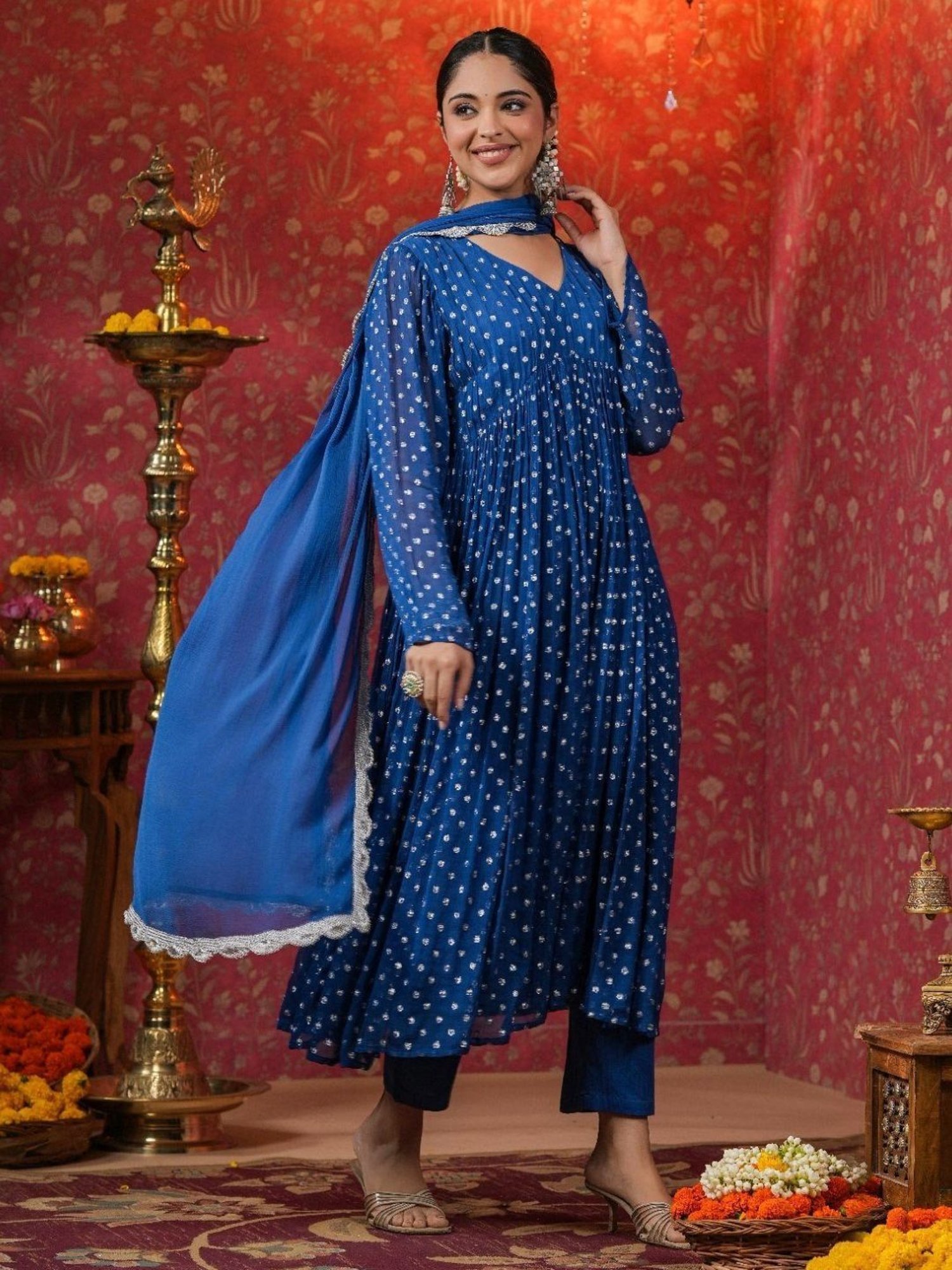 Everbloom Blue Manya Lurex Flared Kurta With Pant & Dupatta