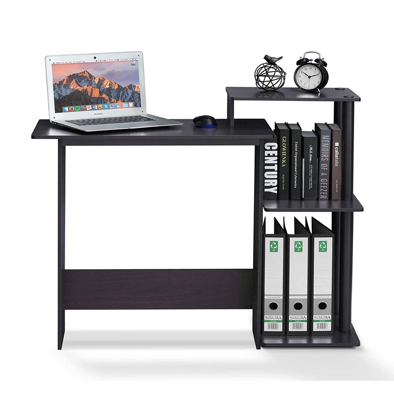 Furinno Efficient Home Office Multipurpose Laptop Computer Desk Work Station with 3 Side Shelves for Organization, Dark Walnut