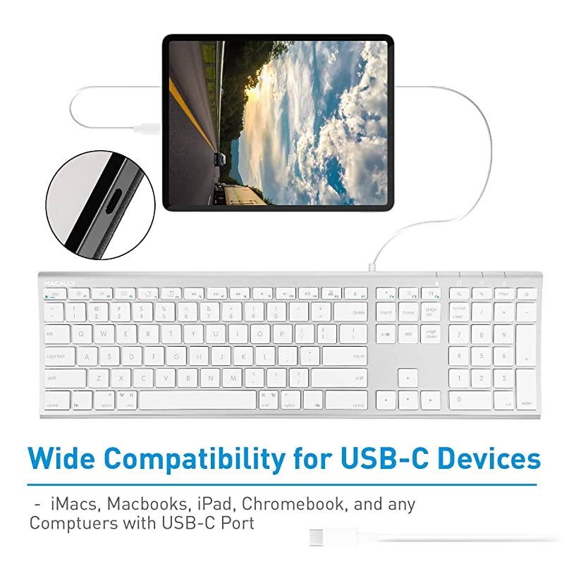 Wired USBC Keyboard  UltraSlim USB Type C Keyboard for Apple MacBook ProAir Laptops iMac Pro Desktop Computers iPad Chromebook Notebook Plug and Play No Drivers Aluminum Silver