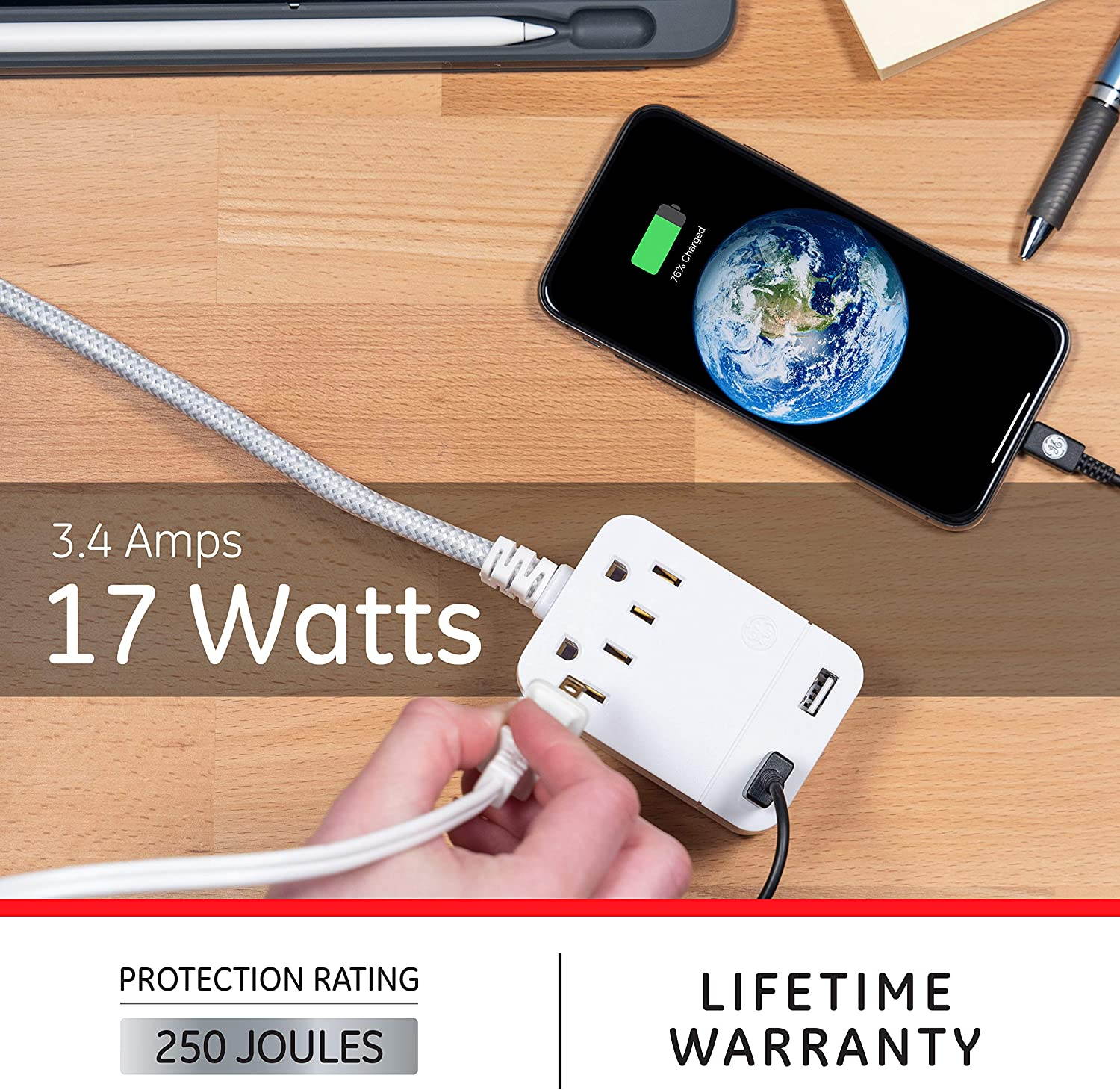 GE UltraPro 10 Outlet Surge Protector, 15W USB-C Charging, 8 ft Designer Braided Extension Cord, for iPhone 11/Pro/Max/XR/XS/X, iPad Pro, Samsung Galaxy, Adapter Spaced, 3540 Joules, Black, 41357