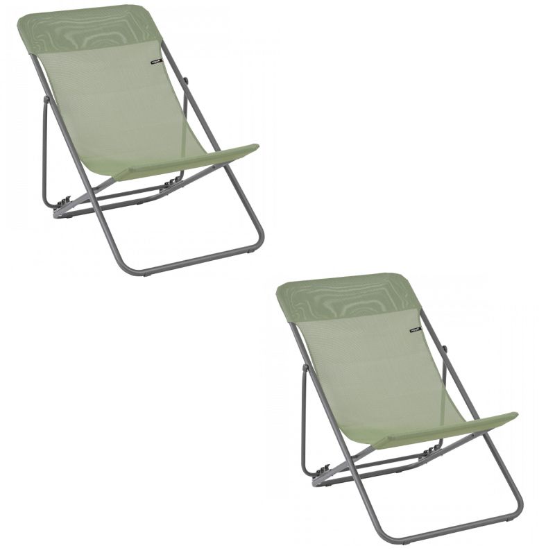 Lafuma Maxi Transat 4 Position Recline, Lockable Angle Folding Outdoor Camping Steel Batyline Mesh Sling Lounge Chair, Moss Green (2 Pack)