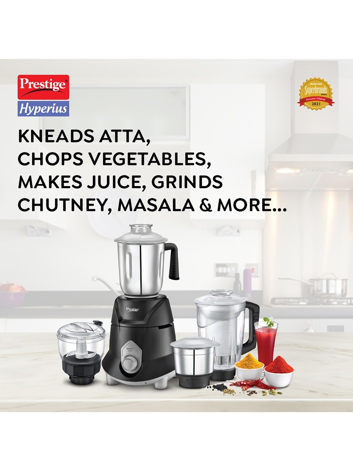 Prestige Hyperius Black 750W Mixer Grinder with 3 Stainless Steel Jars