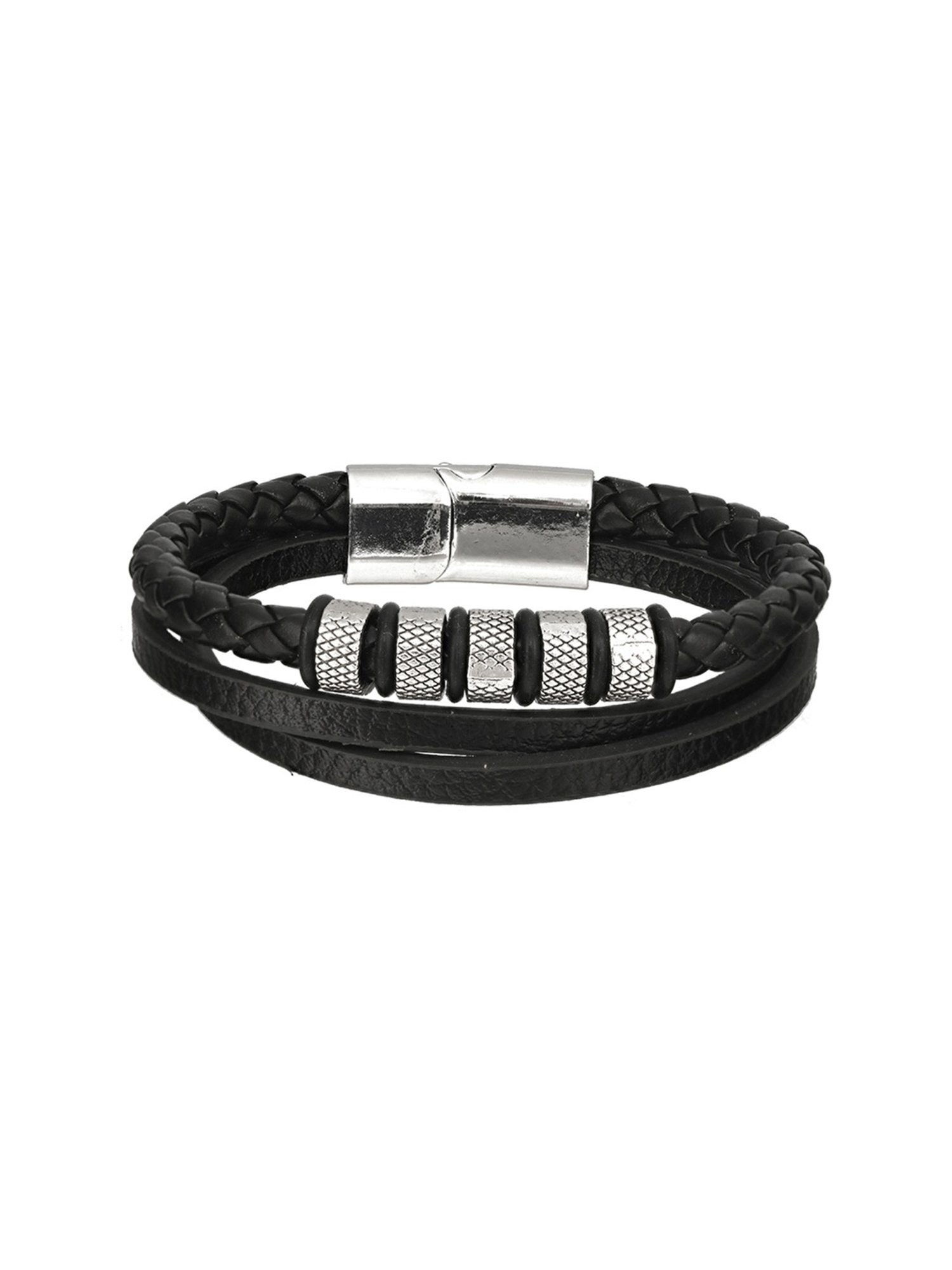 Aatmana Men Leather Black & Silver Wraparound Bracelet