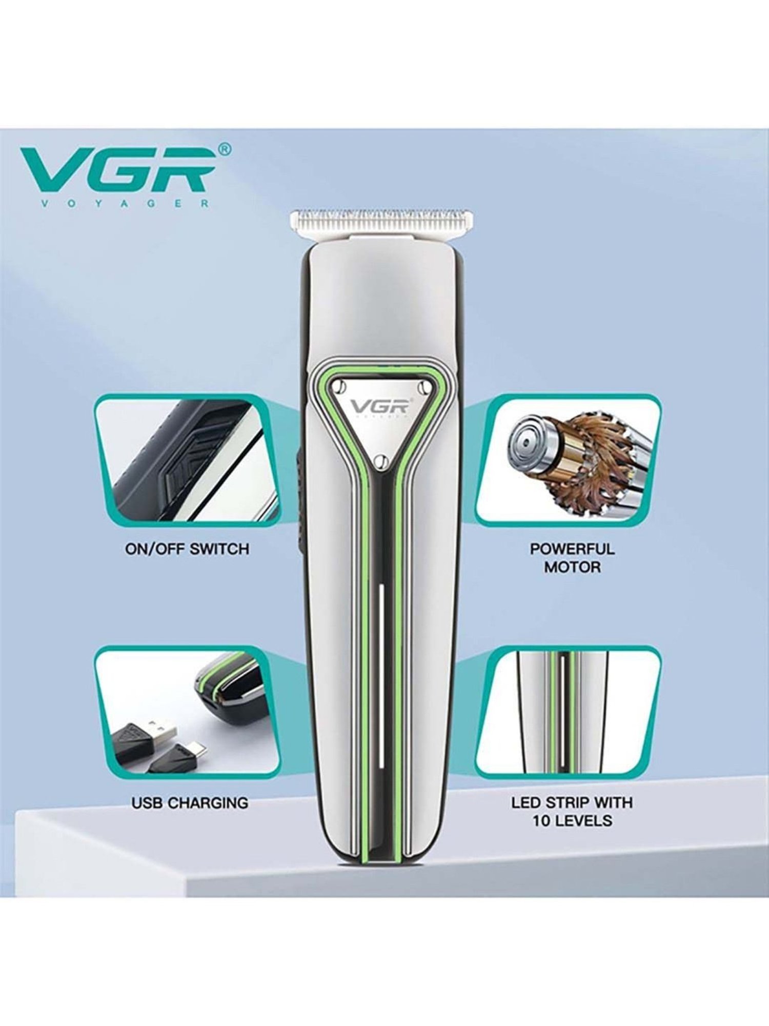 VGR V-008 Professional Cordless Hair Trimmer - 120 min Runtime (Green and Silver)