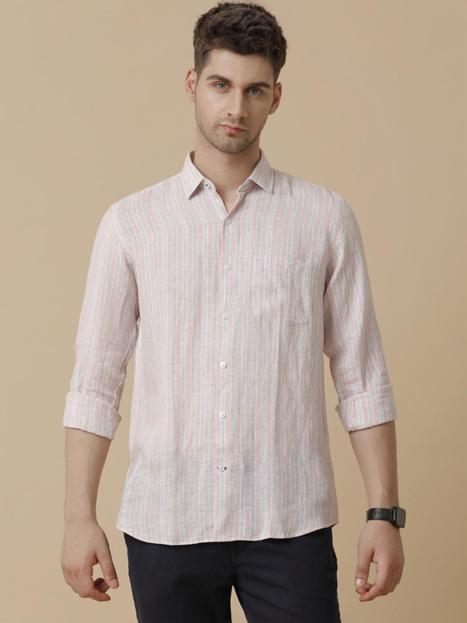Linen Club Pink Linen Contemporary Fit Striped Shirt