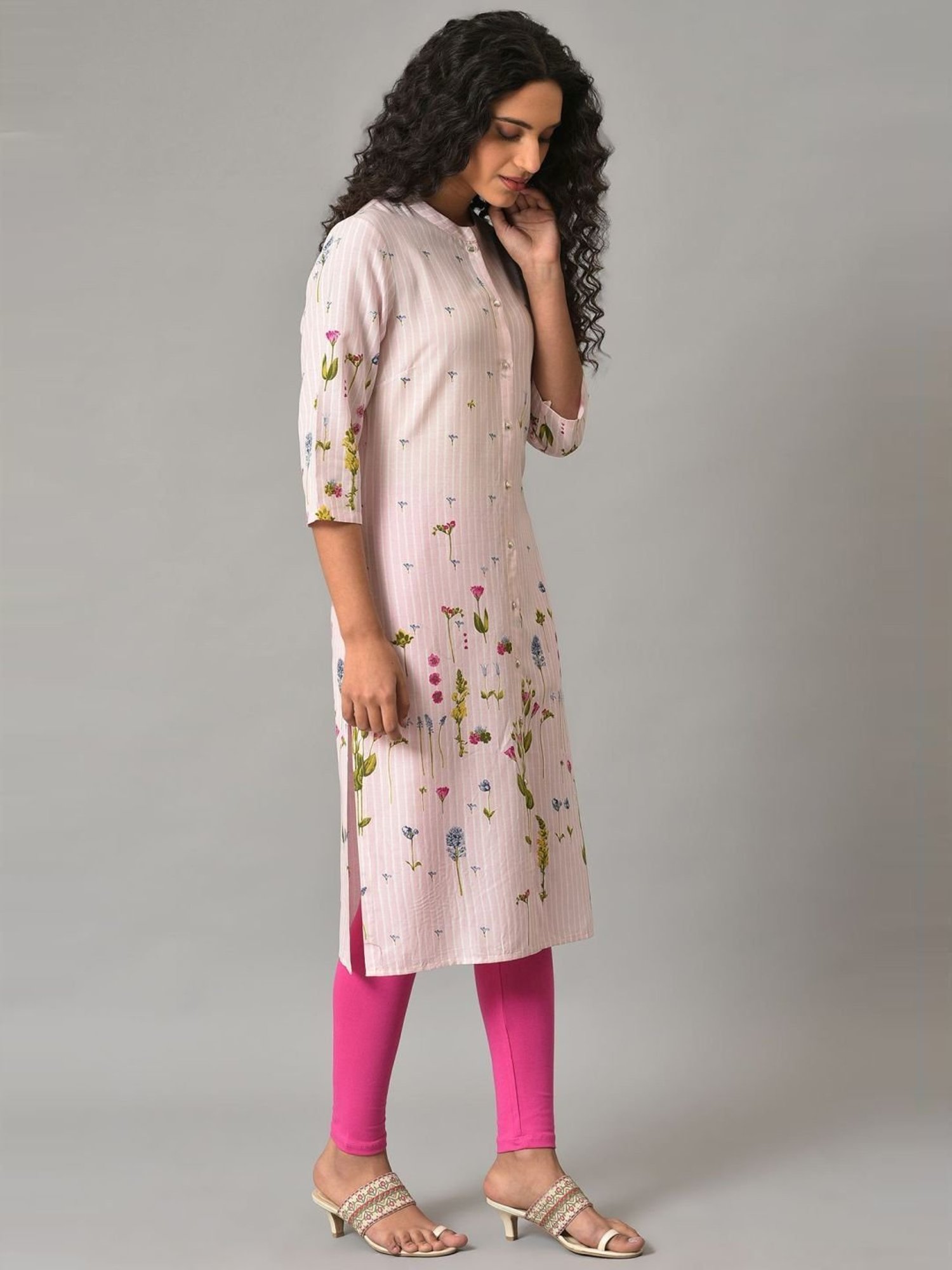 W Pink Floral Print Straight Kurta