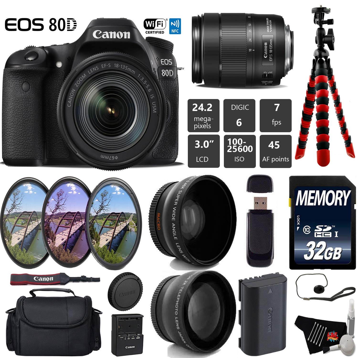 Canon EOS 80D DSLR Camera with 18-135mm is STM Lens + Camera Case + UV FLD CPL Filter Kit + Wide Angle & Telephoto Lens + Tripod + Card Reader - Intl Model