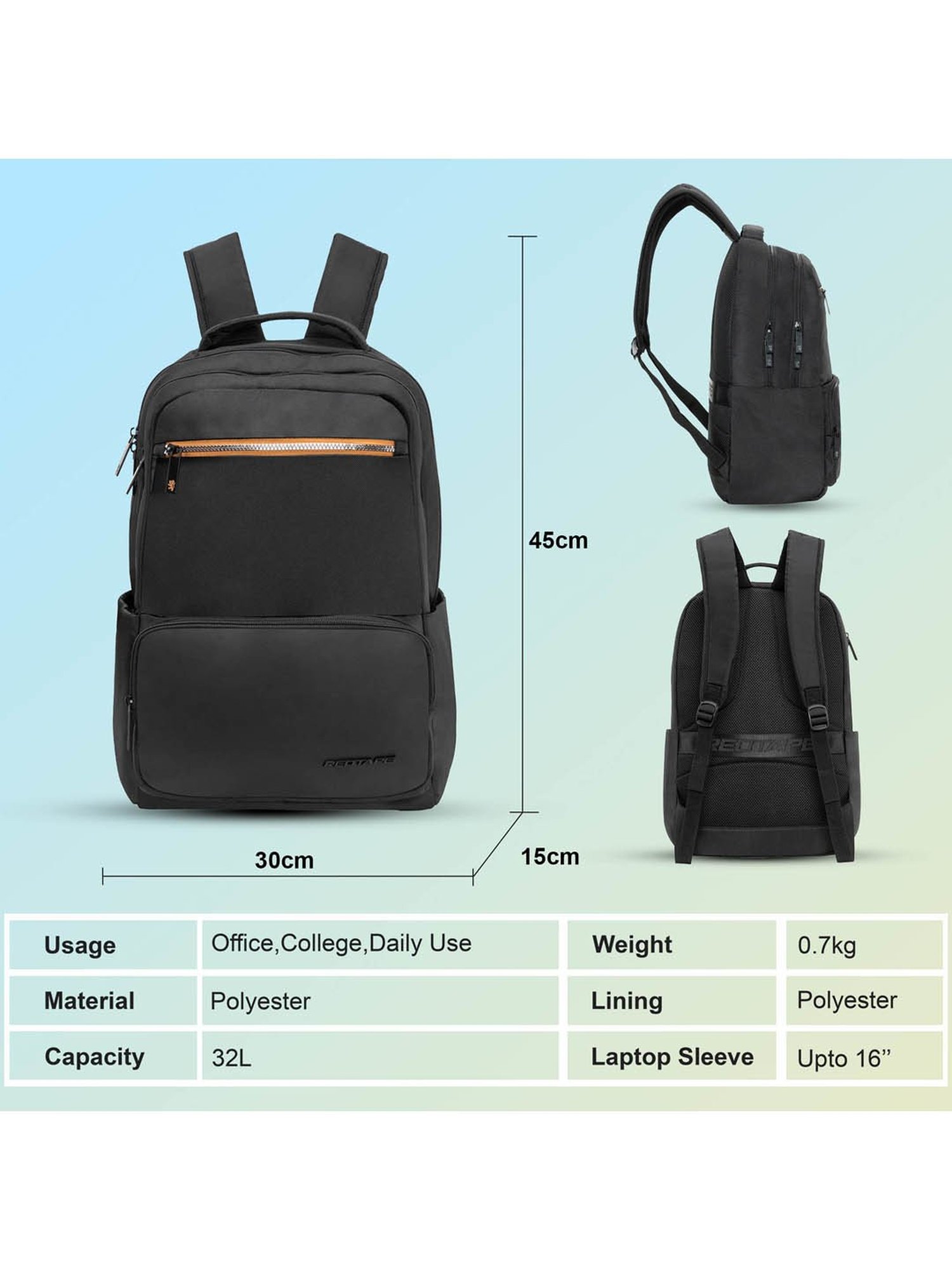 Red Tape 32 L Black Large Laptop Backpack