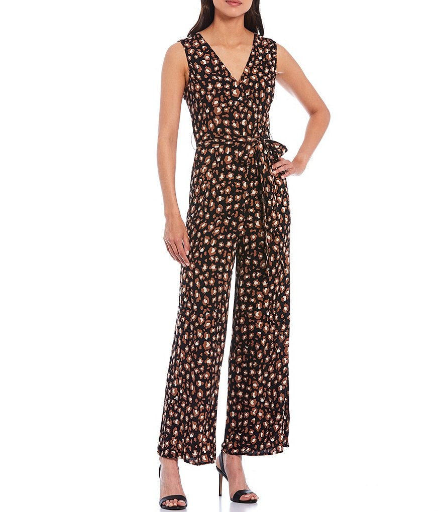 Skies Are Blue Leopard Print Surplice V-Neck Self Tie Belt Sleeveless Jumpsuit