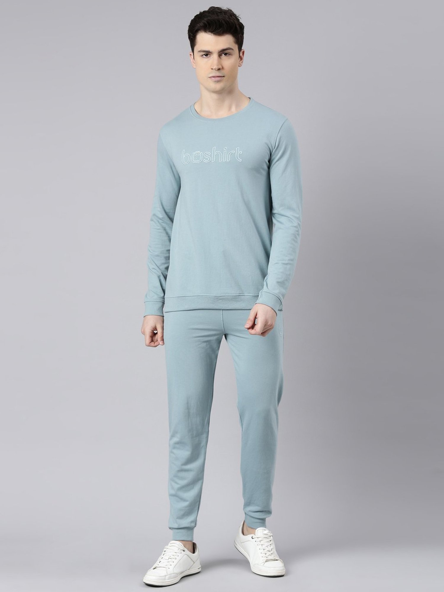 Bushirt Slate Blue Regular Fit Cotton Sweatshirt & Joggers Set