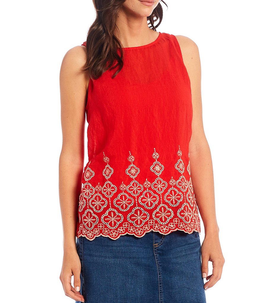 Figueroa & Flower Collin Jewel Neck Embroidered Hem Sleeveless Top