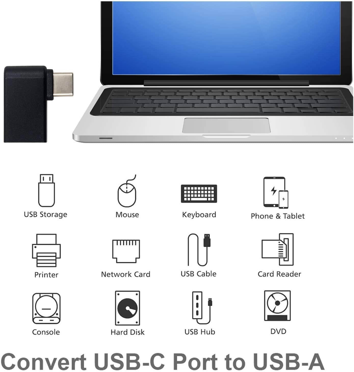 Duttek USB C to USB 3.0 Adapter Right Angle USB Type C Male to USB 3.0 Female Adapter90 Degree USB C Male to USB 3.0 Female Adapter for MacBookAndroidNotebook and Other Type-C(Black)