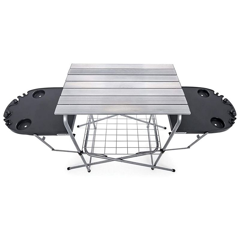 Camco Deluxe Folding Portable Outdoor Aluminum Grill Table Cart with Plastic Side Tables, Cup Holders, and Storage Bag for Camping and Tailgating