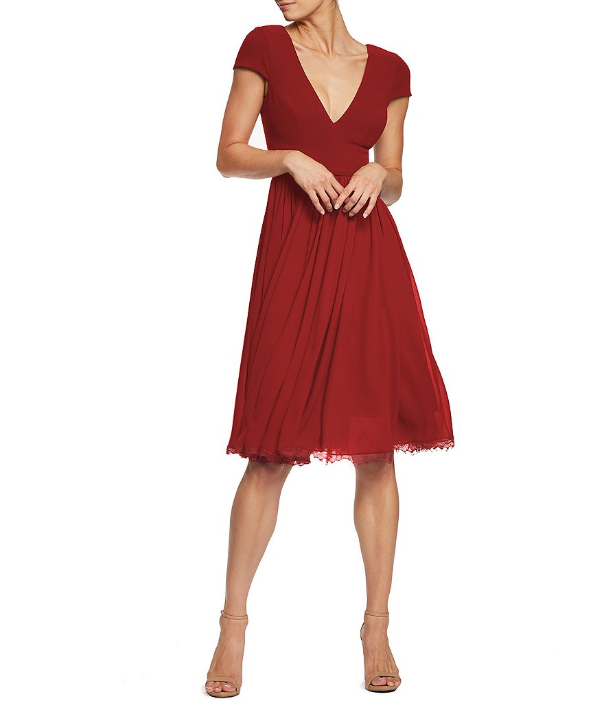 Dress the Population Corey V-Neck Cap Sleeve Lace Hem Midi Dress
