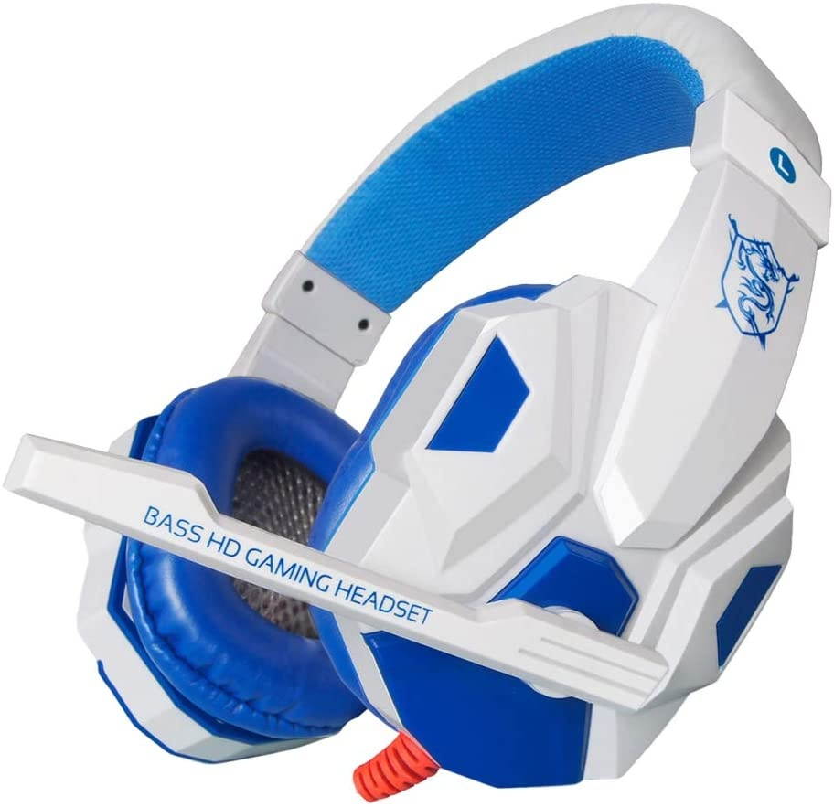 MagiDeal Noise Cancelling Mic Over Ears Gaming Headphones with Mic Stereo for Gamer - White and Blue