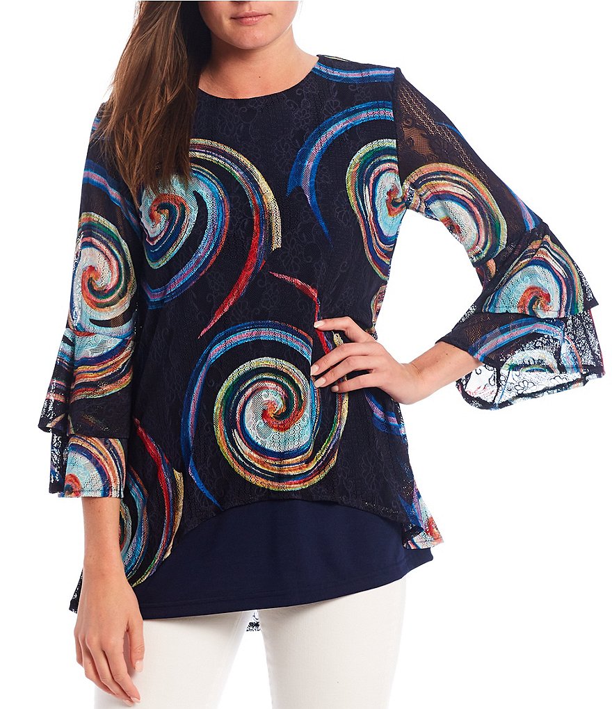 Calessa Mesh Ruffle Cuff Sleeve Swirl Print Jewel Neck Tunic
