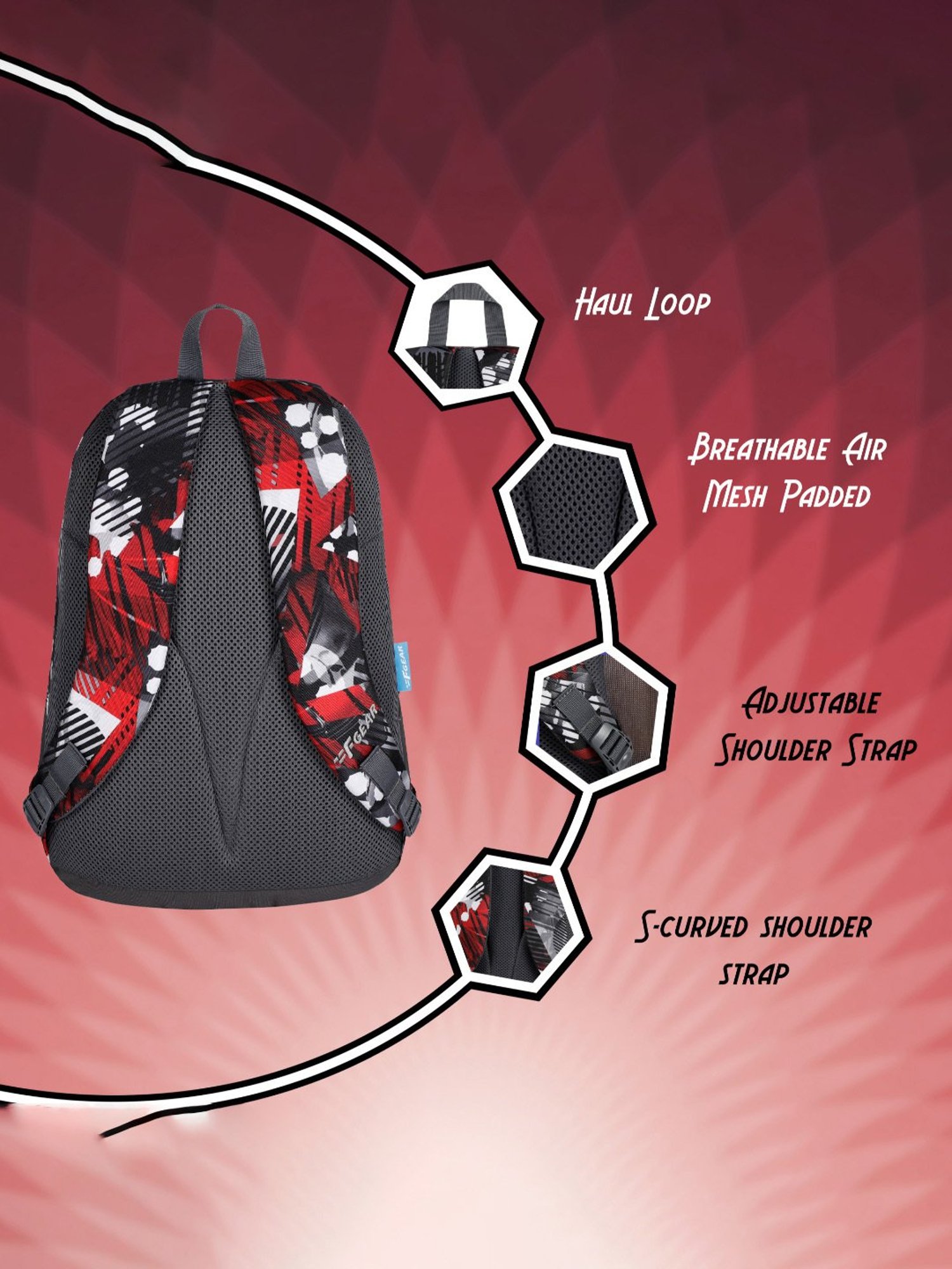 F Gear Amari Geometric Black Red Printed Small Backpack