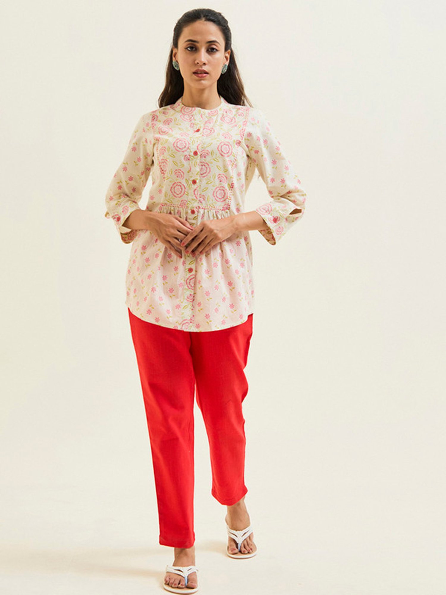 Jaipur Kurti Coral & Off White Cotton Floral Print Tunic