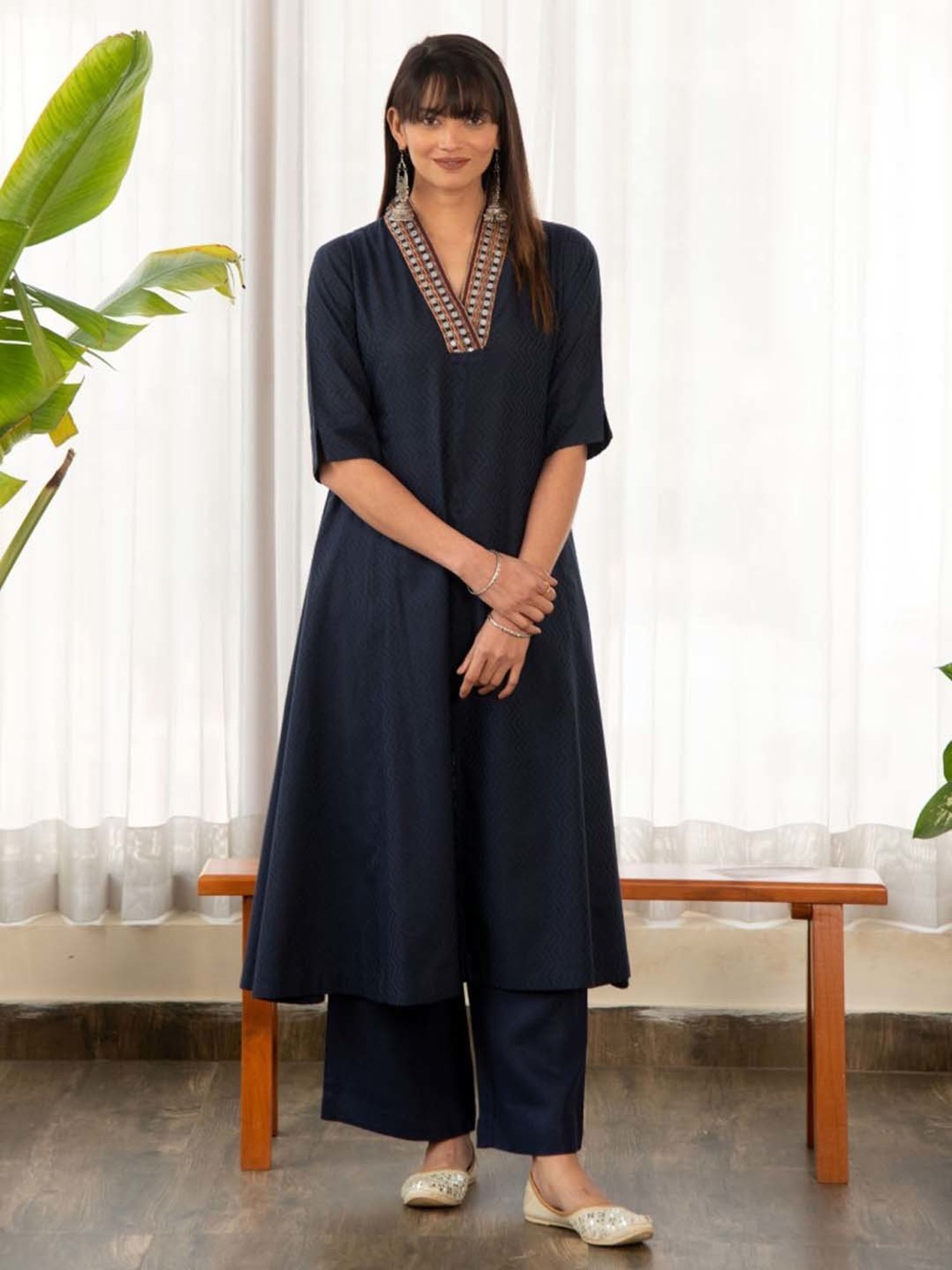 Ekohum Blue Dobby A-Line Kurta
